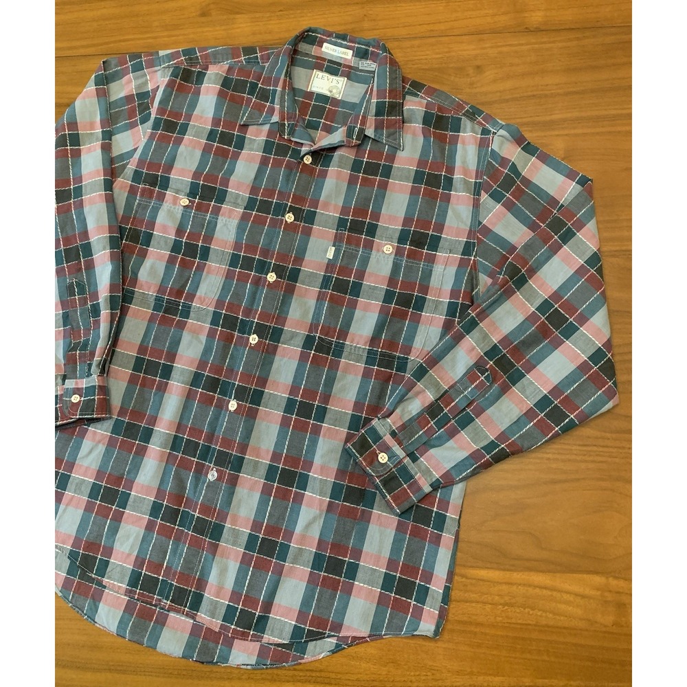 Vintage Levis Silver Label Tab Shirt Mens L Plaid Button Down 80s 90s Korea